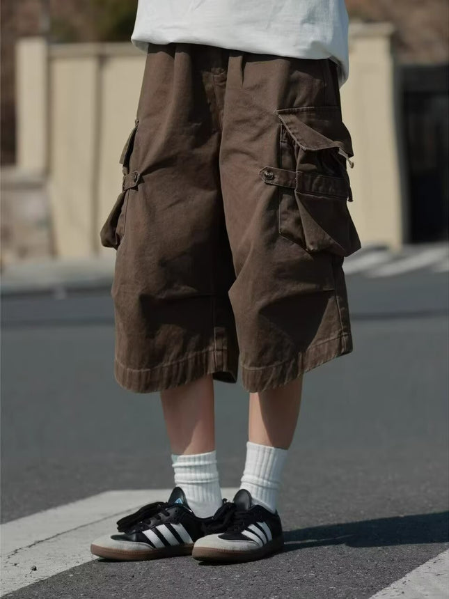 American Retro Multi-Pocket Cargo Cropped Pants Summer New Trendy Men's Loose Straight Cleanfit Over-The-Knee Shorts