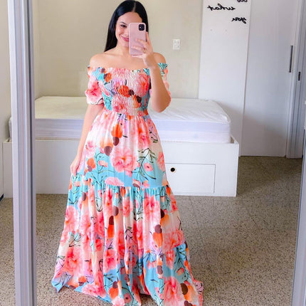 2025 cross-border new spring and summer European and American women's dress off-shoulder floral fashion off-shoulder long printed skirt