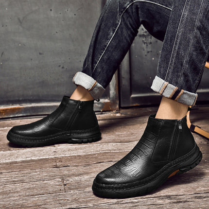Men's Shoe Top Layer Cowhide Short Boots Business Leather Boots Outdoor Casual Autumn and Winter High Top Zipper Set Foot Crocodile Cotton Boots