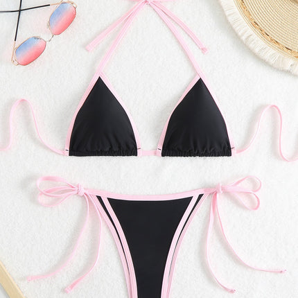 2025 New Amazon European and American Color-Blocked Halter Sexy Bikini Swimsuit Women's Beach Hot Spring Swimsuit Bikini