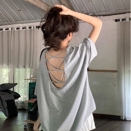 Cross Backless Short-sleeved T-shirt Women's Summer New Arrival Laid-back Loose Casual Design Hot Girls Chic Trendy Top