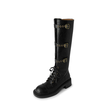 High Boots Autumn 2024 New Women's Boots Thick Heel Mid Heel Knight Boots Vintage Rivet Belt Buckle Boots Women