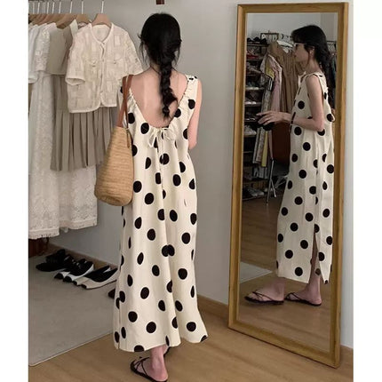French Style Sleeveless Polo Dot dress Women's Summer New Style Elegant Long Dress Seaside Vacation Loose Slimming Beautiful Dress