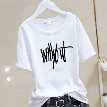 2025 New Summer Pure Cotton Short-Sleeved T-Shirt for Women Korean Style Loose Round Neck Printed Letters Age-Reducing Top Trendy Bottoming