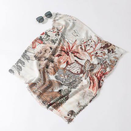 Foreign trade cross-border plant flower 135cm cotton and linen hand feeling large scarf women's long Burr travel sunscreen beach towel