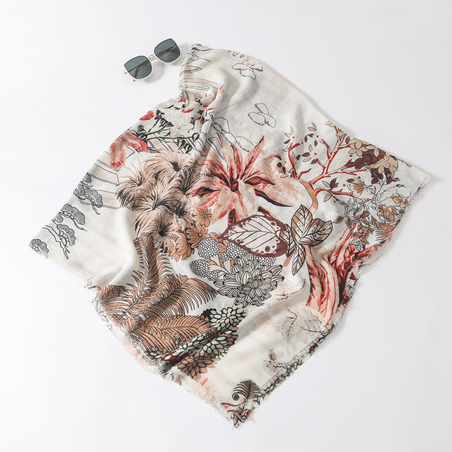 Foreign trade cross-border plant flower 135cm cotton and linen hand feeling large scarf women's long Burr travel sunscreen beach towel