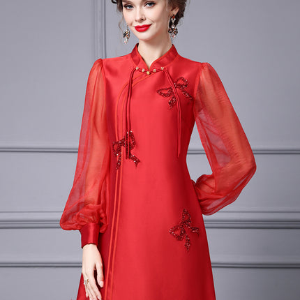 Zhili New Chinese Style Red Festive A-Line Dress 2026 Spring New Model Tummy-Concealing Long Sleeve Dress for Important Occasions