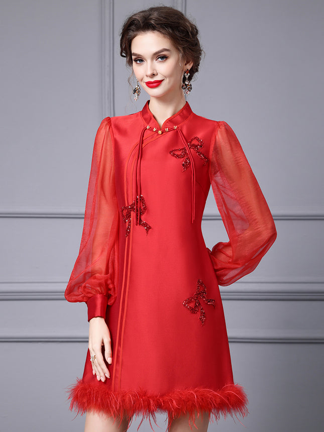 Zhili New Chinese Style Red Festive A-Line Dress 2026 Spring New Model Tummy-Concealing Long Sleeve Dress for Important Occasions