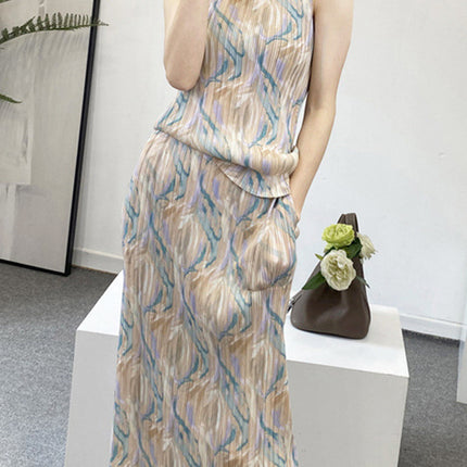 Miyake Counter New Pleated Slim Sleeveless Half-high Collar Vest Top Hip Skirt suit Women's Two-piece Set