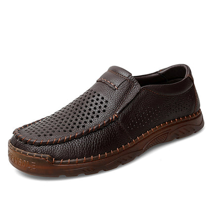 Cross-Border Hot-Selling Spring and Summer New Products Hand-Stitched Casual Men's Shoes Fashionable Soft-Soled Hollow Breathable Leather Shoes