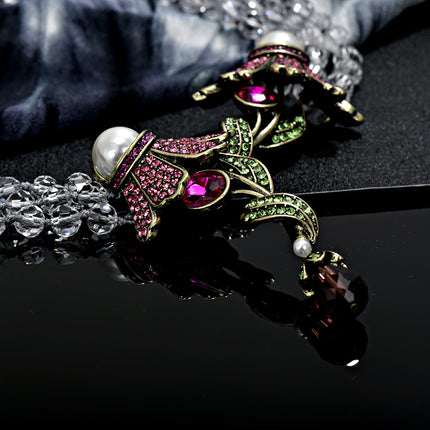 Exaggerated mid-ancient light luxury Iris full Diamond Pearl Crystal necklace suit fashion luxury crystal stud earrings necklace