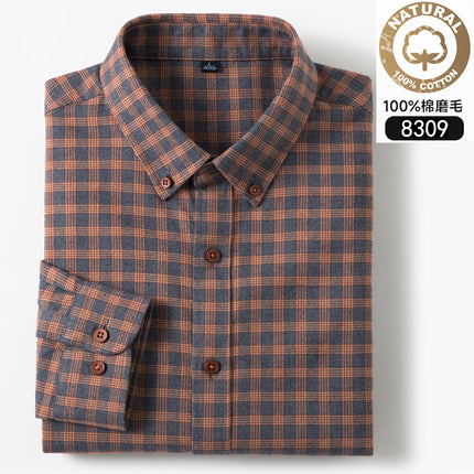 Autumn and Winter New Pure Cotton Brushed Long-Sleeved Shirts for Young and Middle-Aged Plaid Casual Business Men's Shirts Popular on Douyin