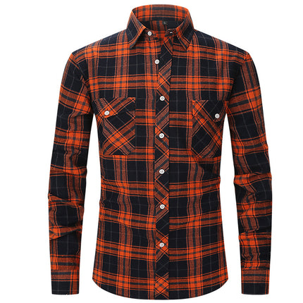 Spring and Summer Slim Amazon Fashion Brushed Plaid High-End Long-Sleeved Double Pocket Flannel Men's Shirt