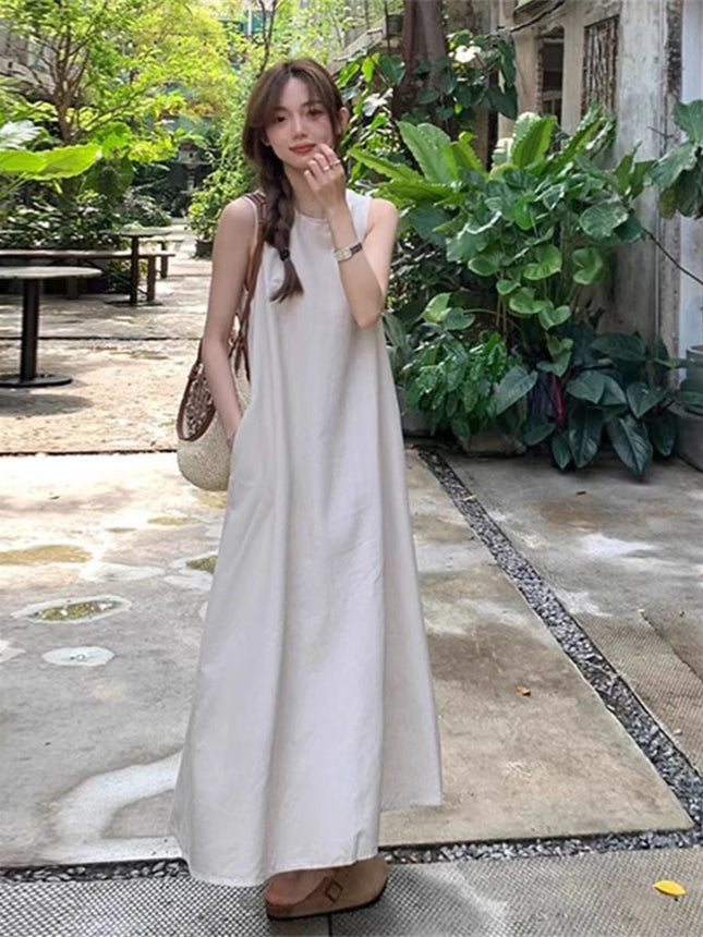 Design Sense Niche Back Hollow Sleeveless dress Women's New Summer Loose Crewneck Mid-length Vest Skirt