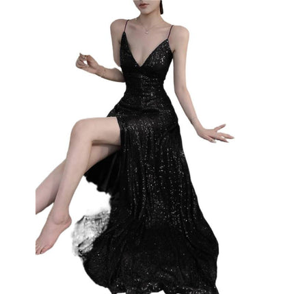 Cross-Border Real Shot Black "Stone Night" Birthday Party Graduation Evening Dress Floor-Length Suspender Sequin Skirt