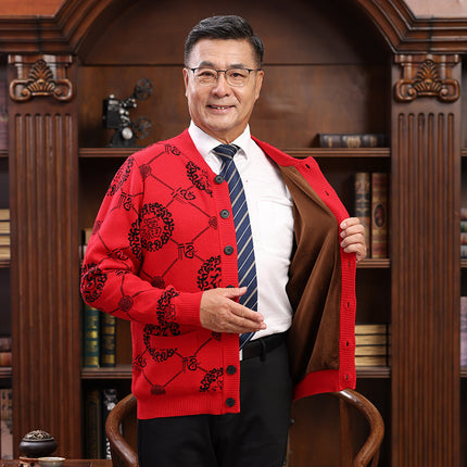 Autumn and Winter Thickened Middle-aged and Elderly Sweater Wool Pure Face Solid Color Jacket Cardigan Elderly Couple Dress Red Festive Parents