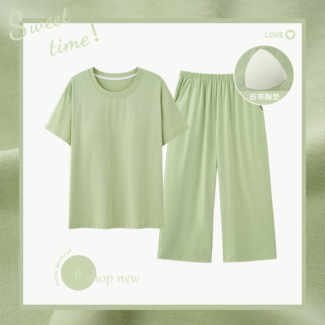 Summer Women's Pet Skin-feeling Cool Cotton Morandi Color-based Home Clothes Girl's Short-sleeved Cropped Pants Pajamas with Chest Pad