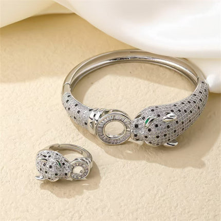 Europe and the United States cross-border new niche luxury micro inlaid zircon full diamond gold plated leopard head buckle bracelet ring suit