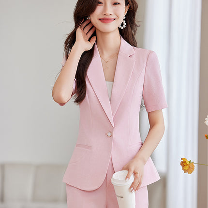 Cross-Border Pink Blazer for Women, New Summer Style, Slim Fit, Petite Workwear, Short-Sleeved Suit Set, Two-Piece Set