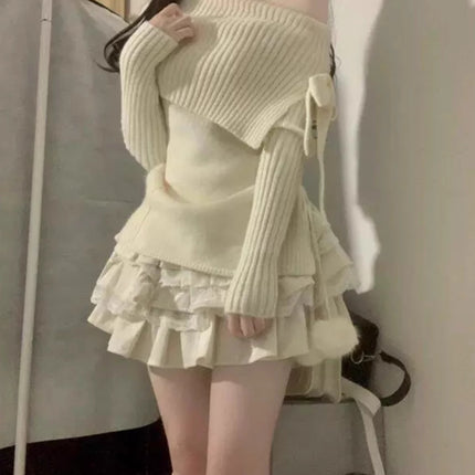off-shoulder ambience long-sleeved sweet sweater top little cake pure skirt academic style suit