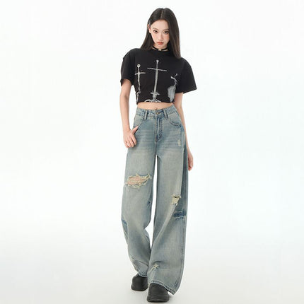 2025 Spring and Summer New American Retro Loose Wide Leg Pants Trendy Cool Straight-Leg Ripped Jeans Women's Jeans