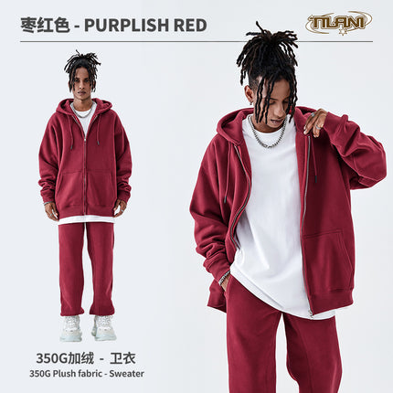 Tilani Cross-Border Men's Sweatshirt Velvet Jacket European and American 350g Autumn and Winter Zipper Hoodie Thick Pure Color Sweatshirt