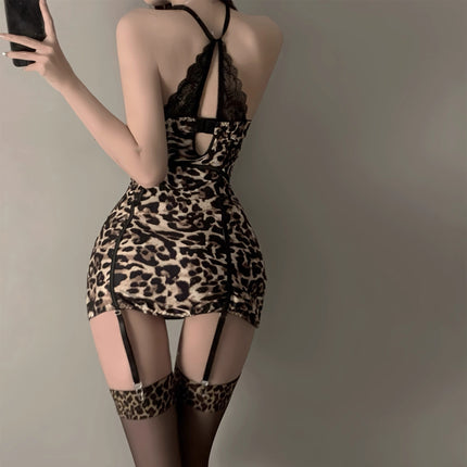 2026 New Sexy Hot Girl Halter Neck Lace Patchwork Leopard Print Tube Top Dress Low-Cut Hot Bodycon Nightgown for Women
