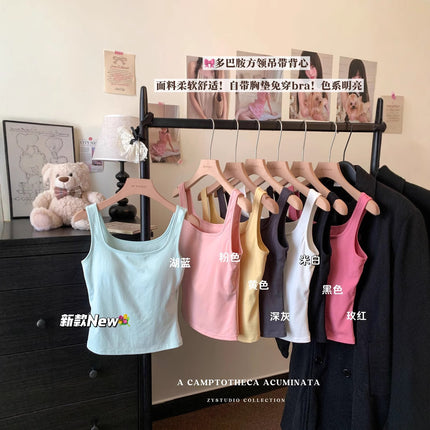 American Multi-color Camisole Women's Stretch Slim Inner Base Top Outer Wear Beautiful Back with Chest Pad