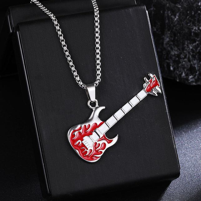 New Guitar Pendant Necklace for Men, Colorful Oil-Drip Alloy Instrument Stainless Steel Pendant DIY Jewelry Accessories for Women