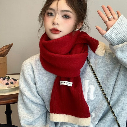New Korean Style All-match Knitted Contrast Color Soft Waxy Scarf Women's Winter Fashion All-match Warm Student Thick Scarf Cold-proof