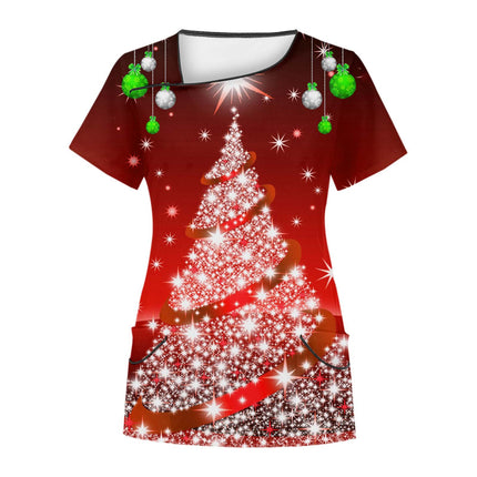 Cross-Border Aliexpress Amazon Women's Short-Sleeved Christmas Positioning Printed Flap Pocket Pants Top Scrub Clothes T-Shirt
