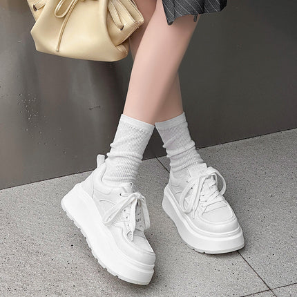 Mesh Sneakers for Women 2026 Summer New Casual Genuine Leather Thick-Soled Versatile Breathable Absorbent Sole White Shoes