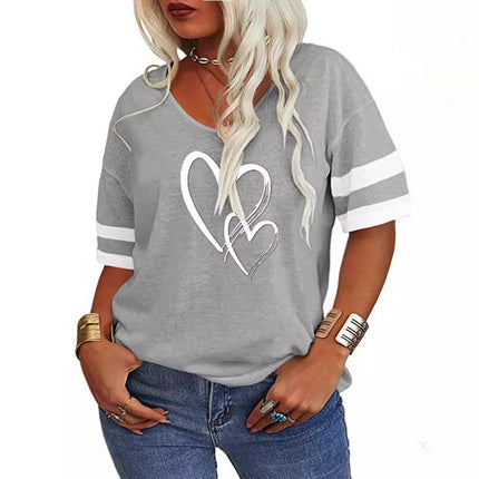 Europe and the United States cross-border 2025 spring and summer TEMU foreign trade women's V-neck loose cross love printing color matching short sleeve T-shirt women