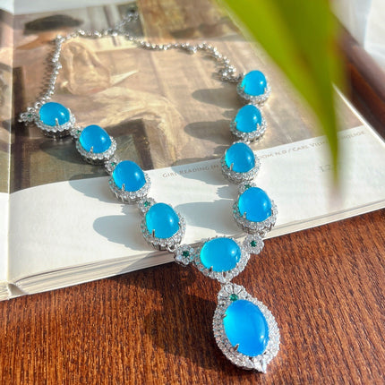 Chinese Style Retro Natural Blue Chalcedony Necklace Evening Chain Ice Chalcedony Necklace Luxury Inlaid Green Chalcedony Four-Piece Set