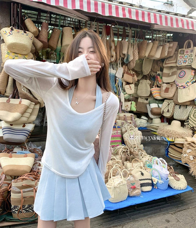 Beach Wear Sun Protection Blouse T-Shirt for Women 2025 Summer Thin Long-Sleeved Top with Suspender Two-Piece Set