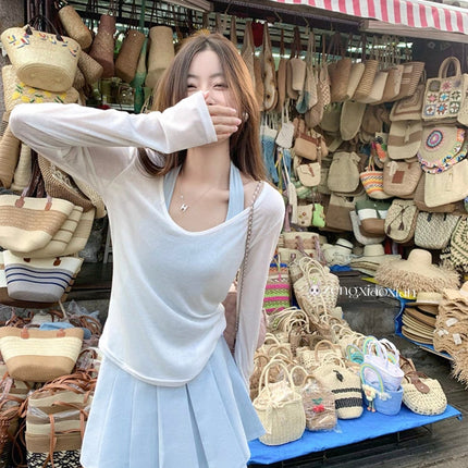 Beach Wear Sun Protection Blouse T-Shirt for Women 2025 Summer Thin Long-Sleeved Top with Suspender Two-Piece Set