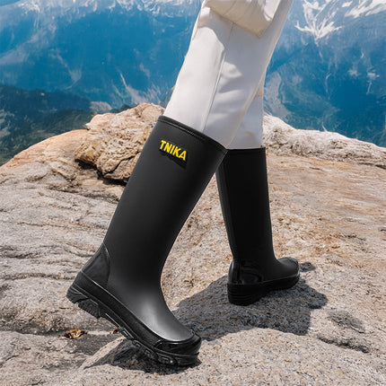 Mountain-Style High-Top Men's Rain Boots, Versatile Reflective Ankle Wading Shoes, Extra High Rubber Shoes, Non-Slip Black Rain Boots