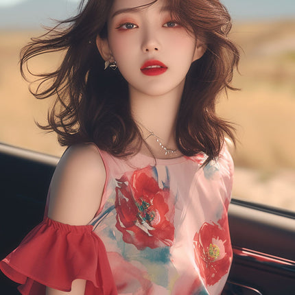 New Chinese Style Summer Xiaizhong French Style Light Mature Chic Beautiful Top Light Luxury High-end Red Printed Dig Shoulder Shirt for Women