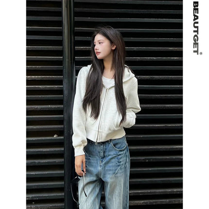 Shandong Jimo Mancaidi Brand American Street Short Double-Ended Zipper Cardigan Hooded Sweatshirt Women's Trendy Hoodie
