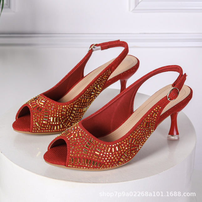 Cross-Border Sexy Fish Mouth Women's Sandals Rhinestone Pointed Toe Stiletto High Heels Hollow Breathable Back Hollow Back Strap Women's Sandals
