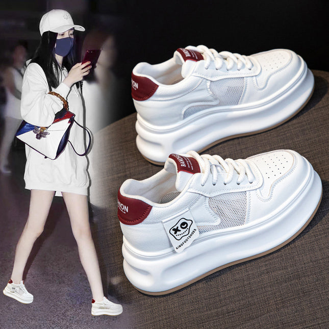 Genuine Leather White Shoes for Women 2026 Summer New Style with Internal Height Increase, Breathable Mesh Platform Shoes, Versatile Casual Sneakers