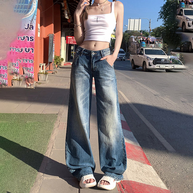 American Style Retro Hot Girl Low Waist Wide Leg Jeans Women's 2025 Spring and Autumn New Straight Tube Loose Slim Look Mop Pants