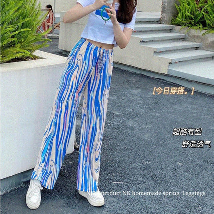 Ice silk tie-dye printed vertical wide leg pants summer thin high waist slim loose casual mop straight pants wholesale