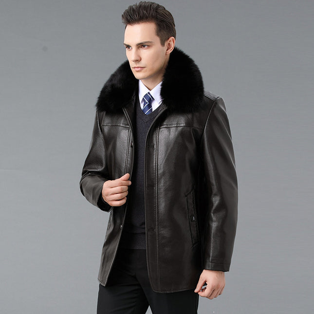 Winter New Warm Thickeneded Goatskin Jacket Men's Real Fur Collar Removable down Jacket Liner Middle-Aged and Elderly Lapel Jacket
