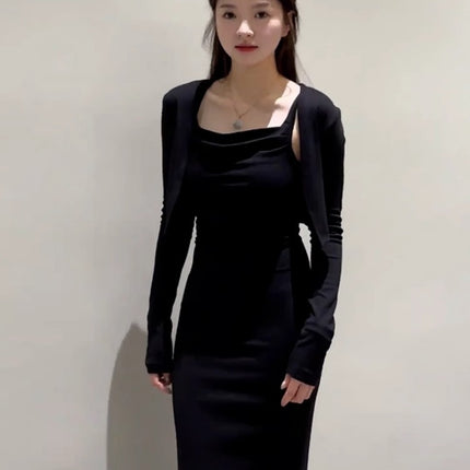 Autumn New Pure Desire Lazy Style Sling Collar Sling dress Fashionable Elegant Slimming Long Sleeve Cardigan Two-piece Set