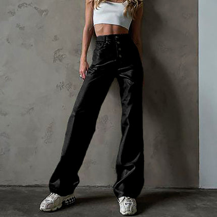 European and American Cross-Border New Products 2025 Autumn Women's Clothing Pu Leather Pure Color High Waist Straight Button Casual Leather Pants Women's Manufacturer Wholesale