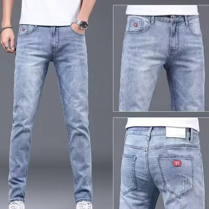 Men's Trendy Summer Thin Light-Colored Slim Fit Skinny Stretch Casual Straight Versatile Washed Jeans