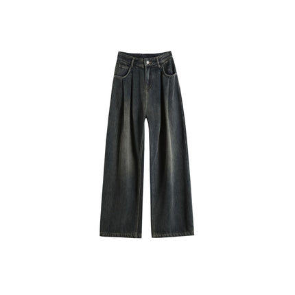 Dark Blue Wide-Leg Jeans for Women 2023 Summer New High-Waisted Straight-Leg Loose Draped Pleated Floor-Length Pants for Tall People