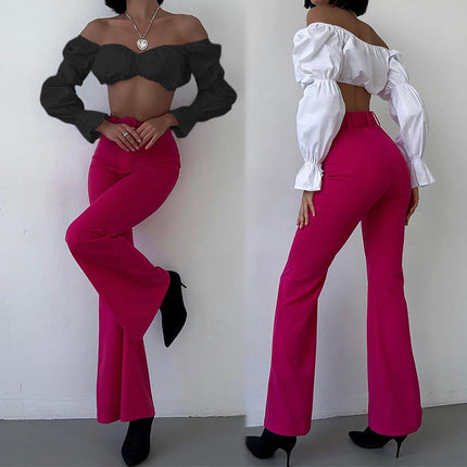 Fd1297 2024 Spring New Cross-Border Women's Pure Color Puff Long-Sleeved Sexy Slim Short Crop Top