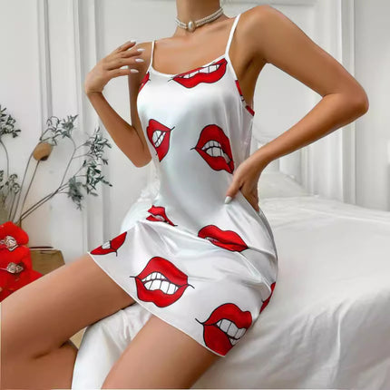Cross-Border Foreign Trade Sexy Backless Suspender Dress Imitation Silk Nightgown Summer Printed Pajamas Short Skirt Women's Home Clothes